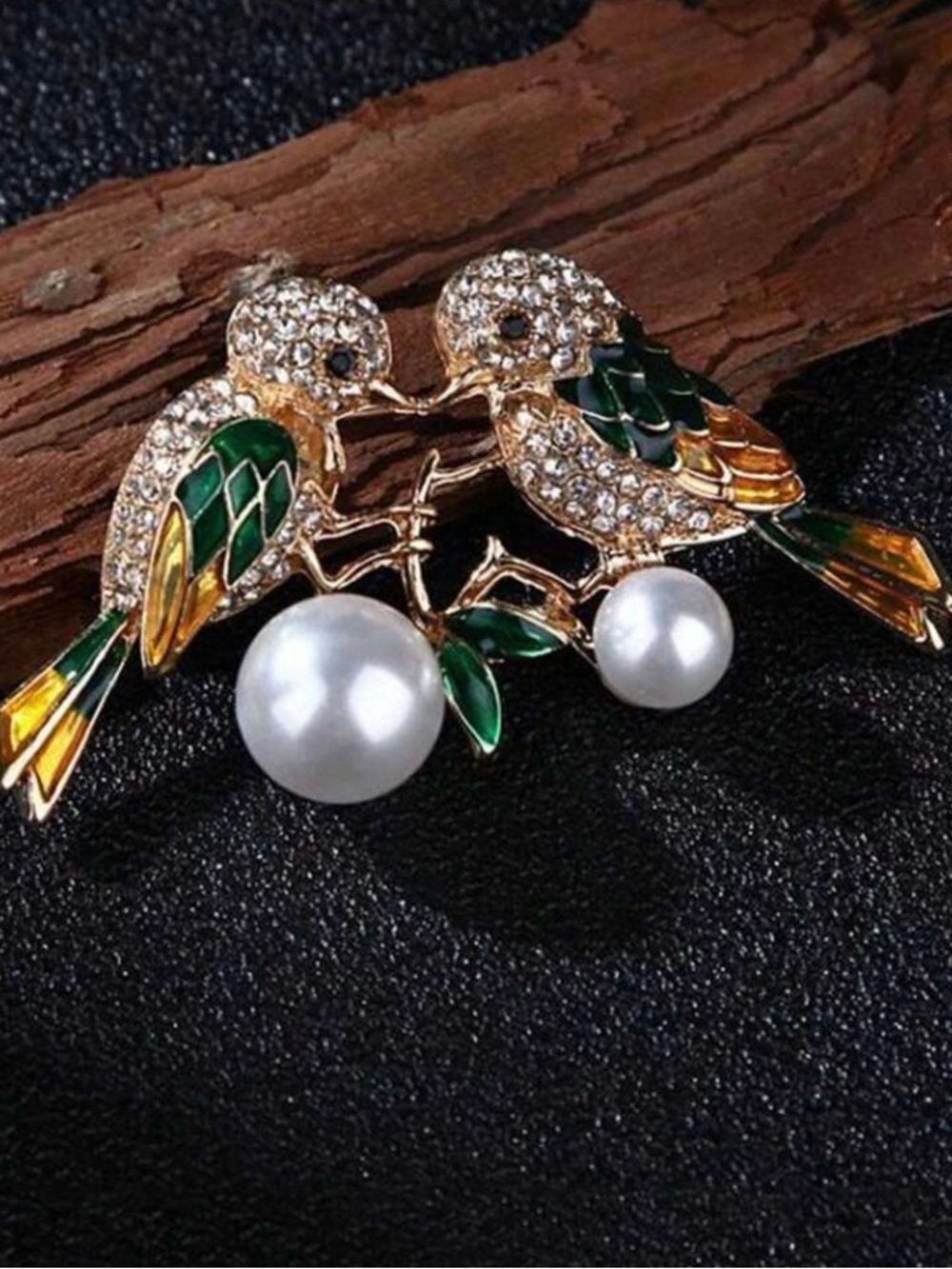 Gold-Tone Green Enamel Bird Brooch with Pearl Accents